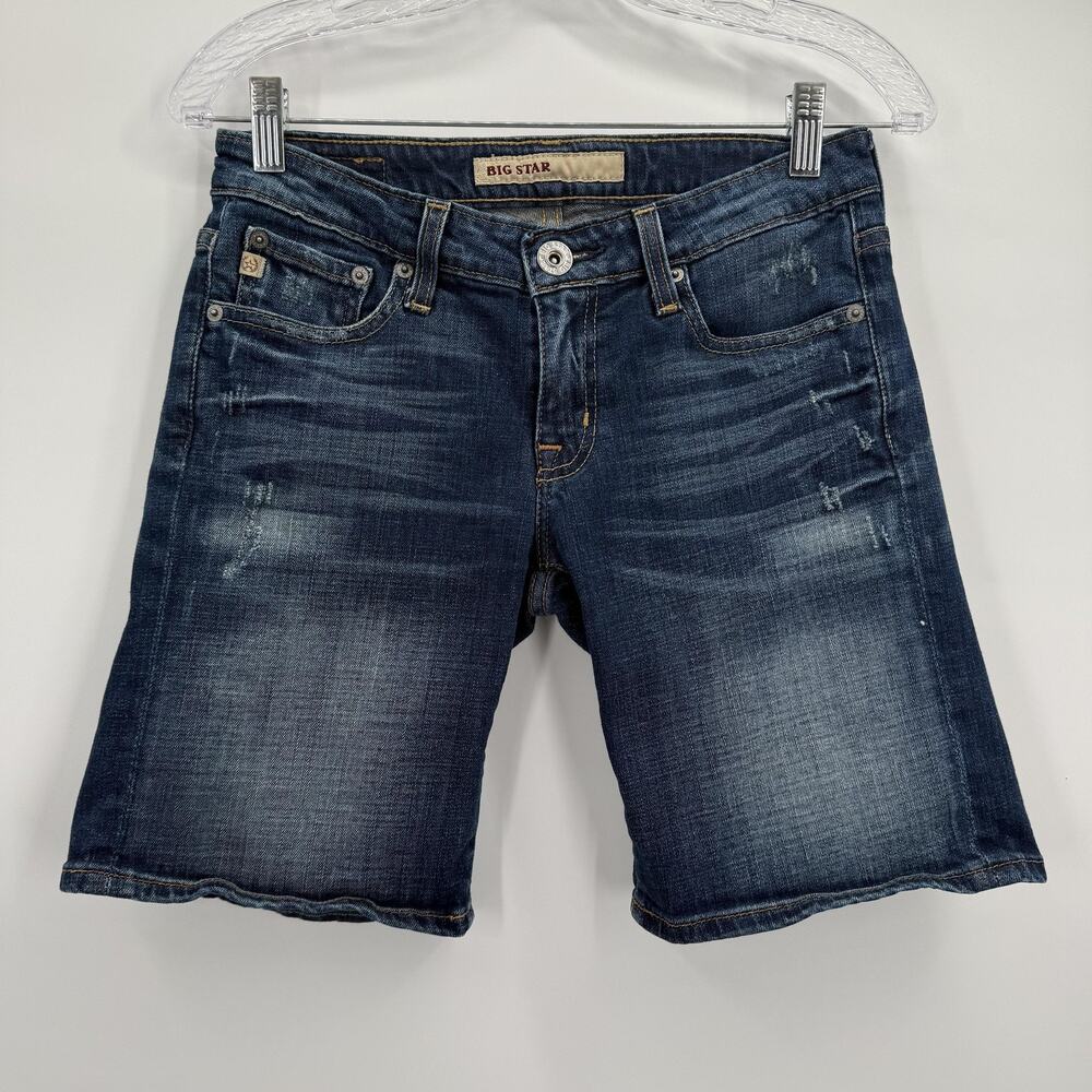 Big Star Denim Jean Shorts Womens‎ 27 Blue Dark Wash Distressed Stretch Bermuda